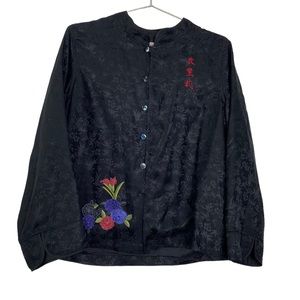 Chico's Vintage Black Silk Asian Inspired Button Front Top